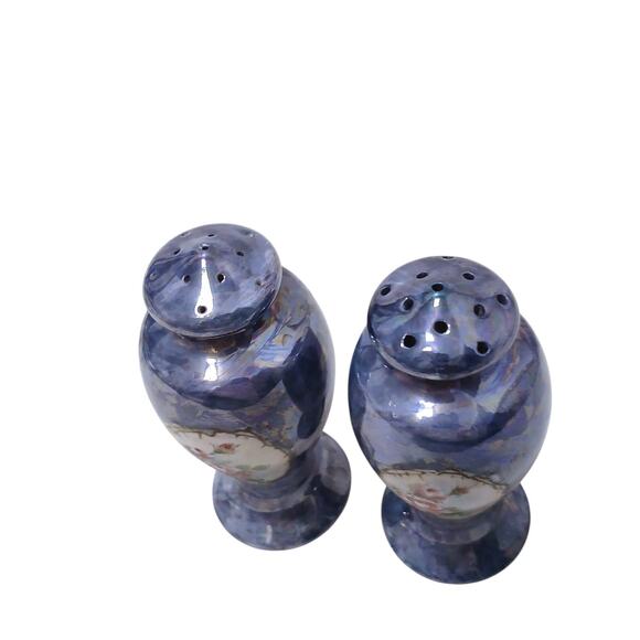Antique Victorian Rose Salt & Pepper Shakers Blue Iridescent Noritake Japan VNTG - Picture 8 of 16